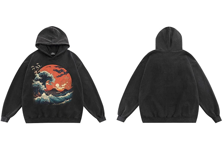 Dusty Color Full Moon With Wave Graphic Hoodie ,  - Streetwear Hoodie - Slick Street