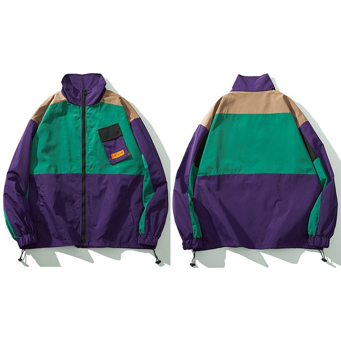 Multi Color Block Patchwork Pocket Jacket Purple, M - Streetwear Jacket - Slick Street