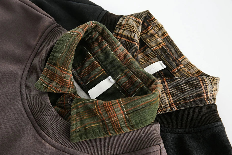 False Two Pieces Plaid Pullover Sweatshirt , - Streetwear Sweatshirt - Slick Street