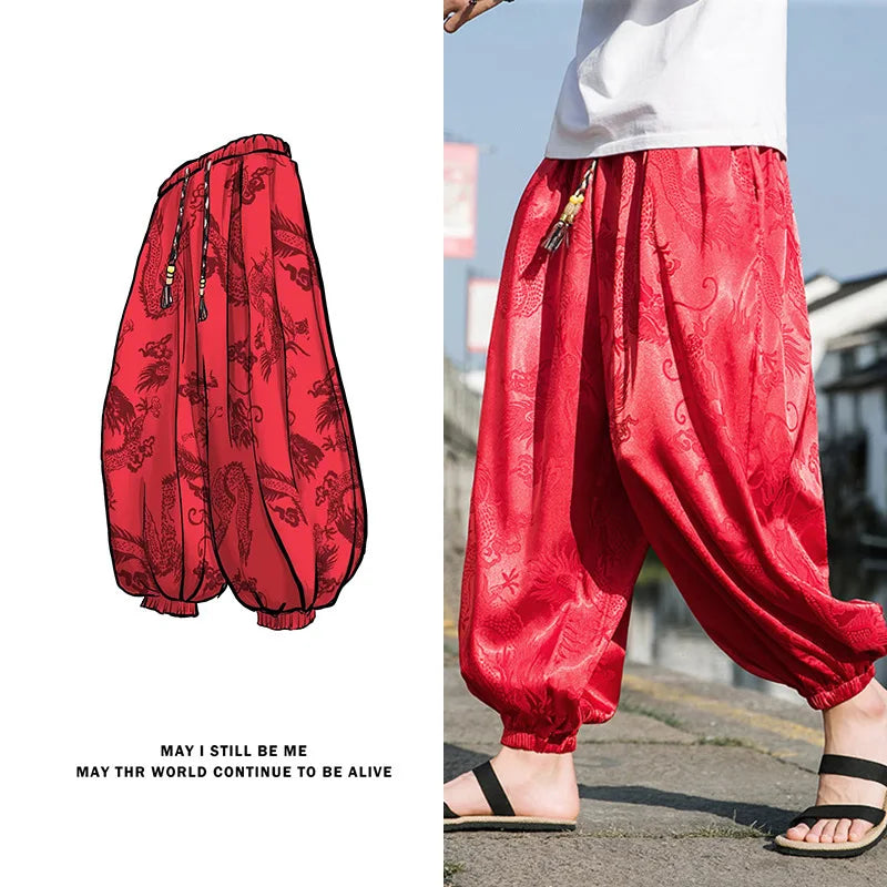 Dragon With Flower Theme Pants , - Streetwear Pants - Slick Street