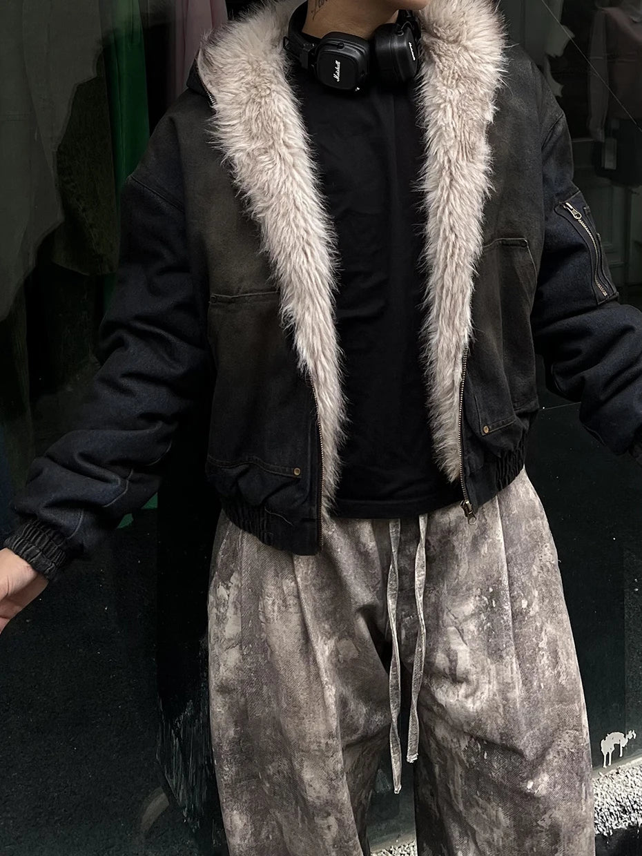Coal Black Washed Fur Hooded Jacket , - Streetwear Jacket - Slick Street