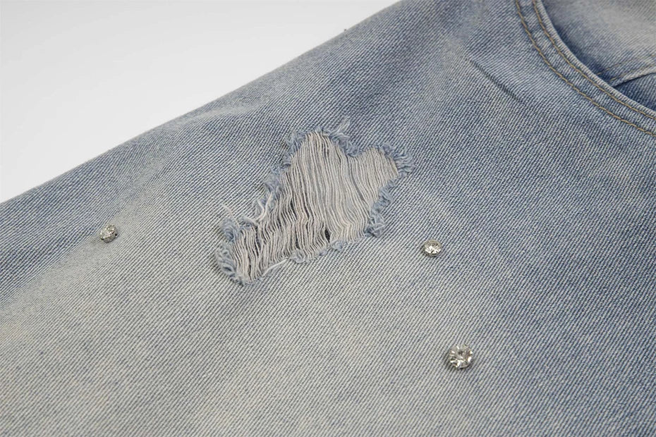 Rhinestone Denim Ripped Shorts , - Streetwear Shorts - Slick Street