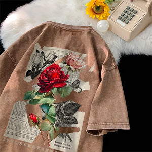 Bloom Rose Gothic Washed T-Shirt Camel, XS - Streetwear T-Shirts - Slick Street
