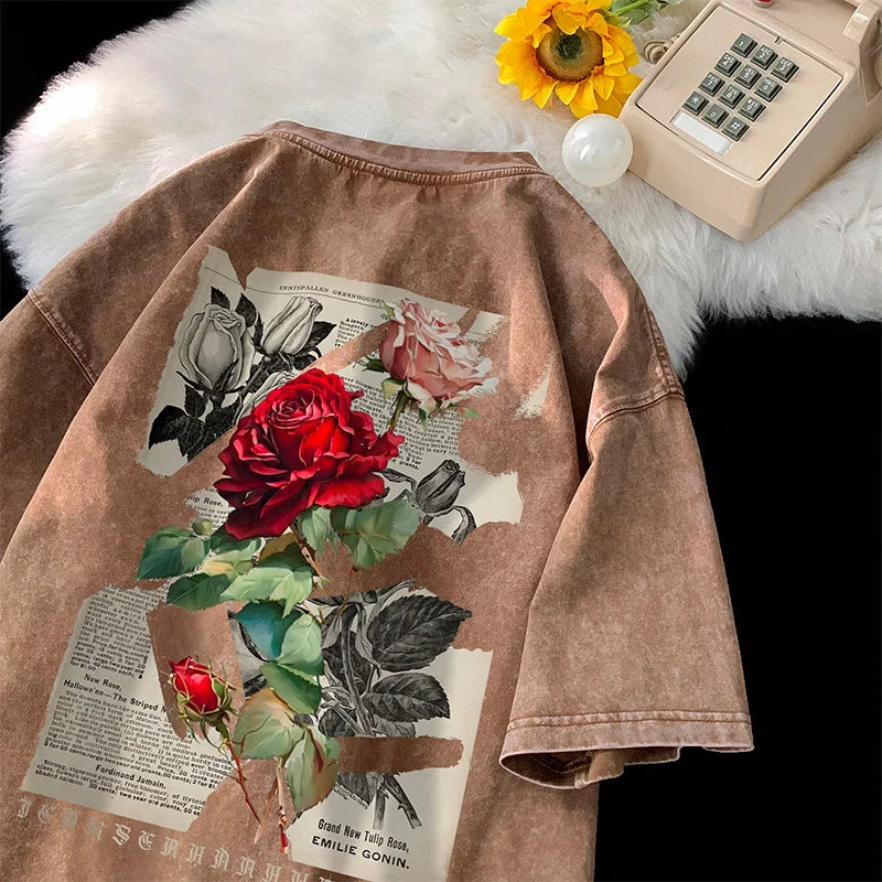 Bloom Rose Gothic Washed T-Shirt Camel, XS - Streetwear T-Shirts - Slick Street