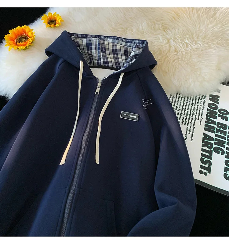 Plain Color Zip-up Loose Hoodie , - Streetwear Hoodie - Slick Street