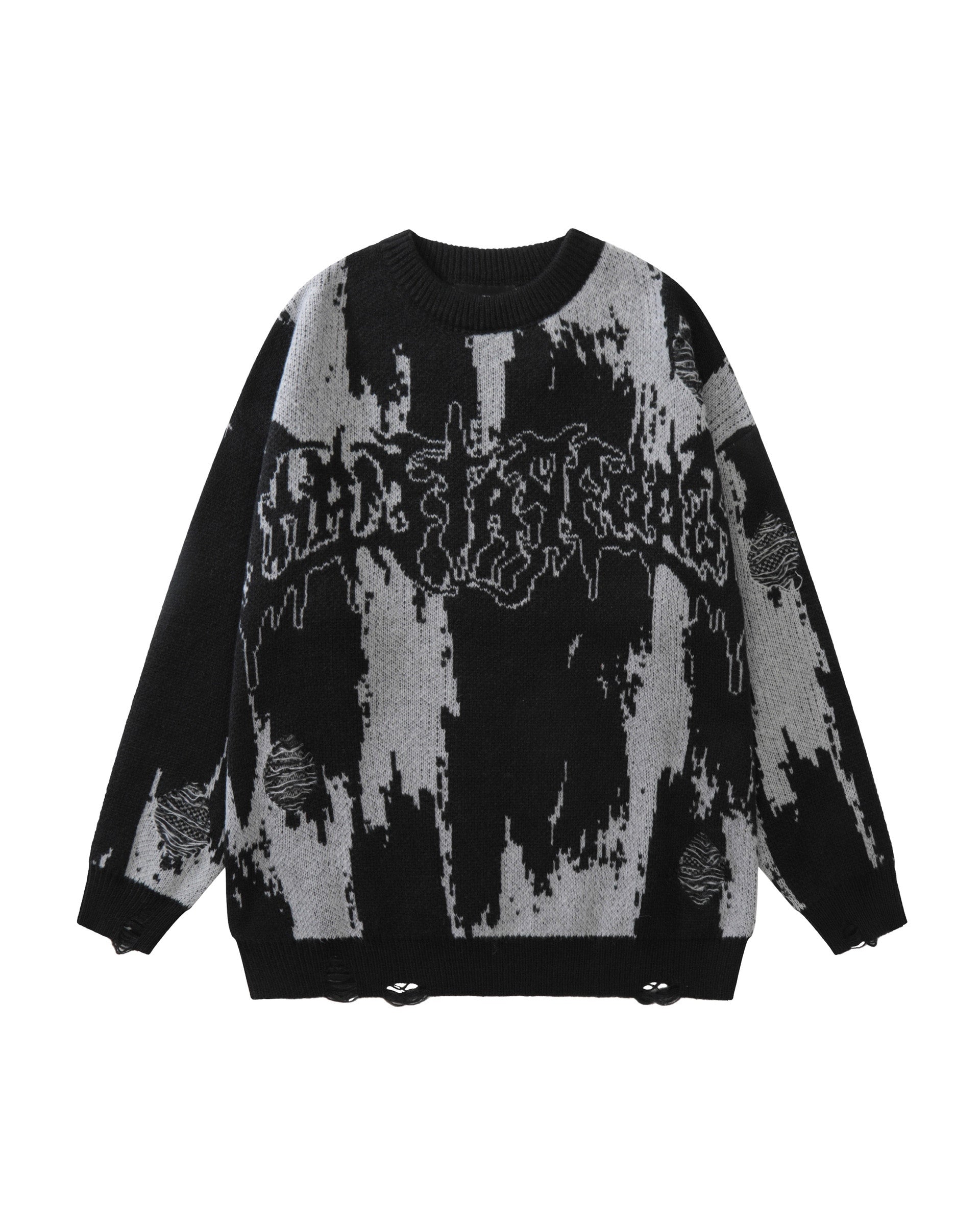 Monochrome Distressed Sweater Black, M - Streetwear Sweater - Slick Street