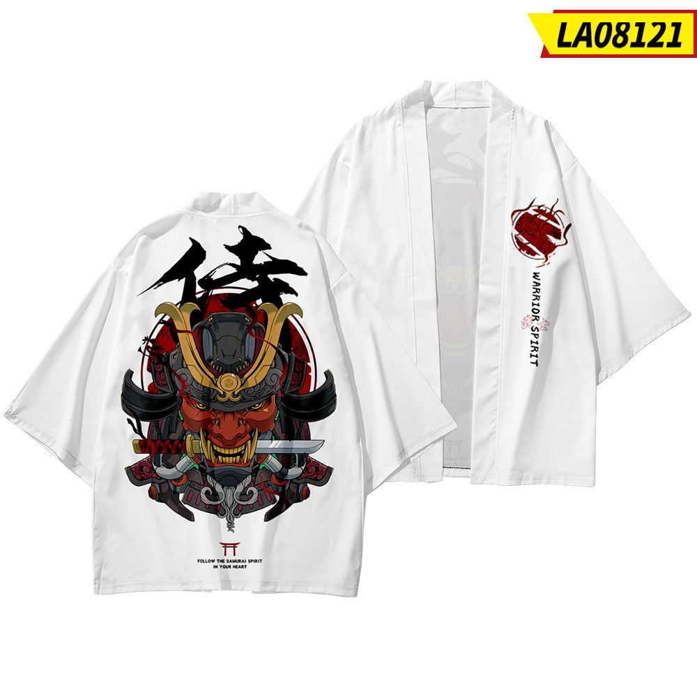 Demon Samurai Warrior With Knife T-Shirt White, XXS - Streetwear T-Shirt - Slick Street