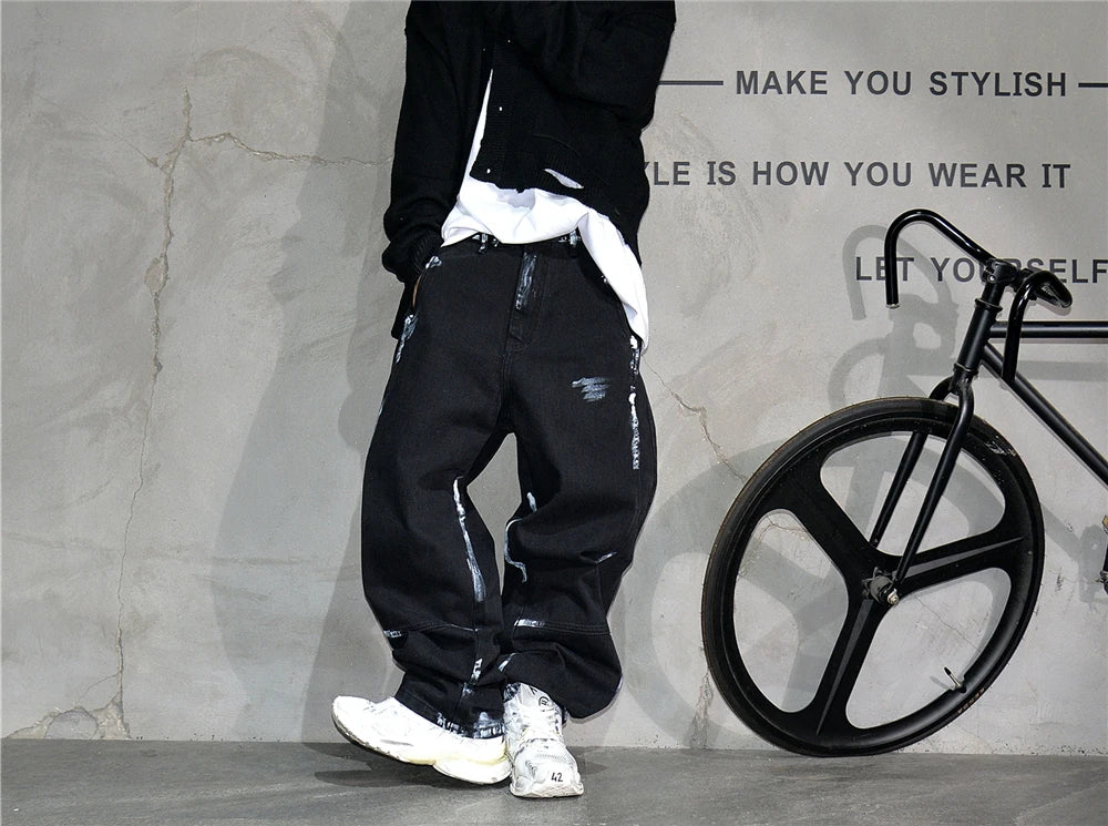 Ebony Black Splash Paint Style Pants , - Streetwear Pants - Slick Street