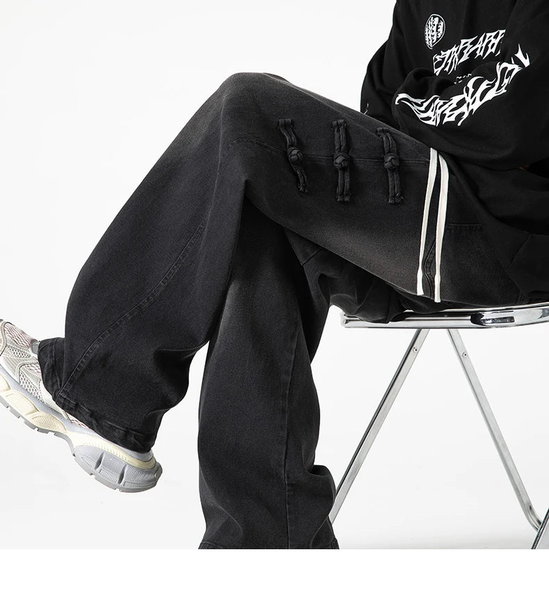 Straight Legs Side Coil Button Pants , - Streetwear Jeans - Slick Street