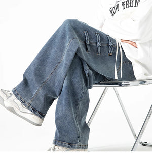 Straight Legs Side Coil Button Pants , - Streetwear Jeans - Slick Street