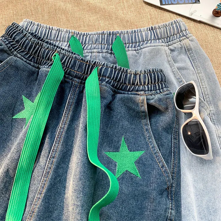 Five-point Star Patchwork Elastic Waist Shorts ,  - Streetwear Shorts - Slick Street