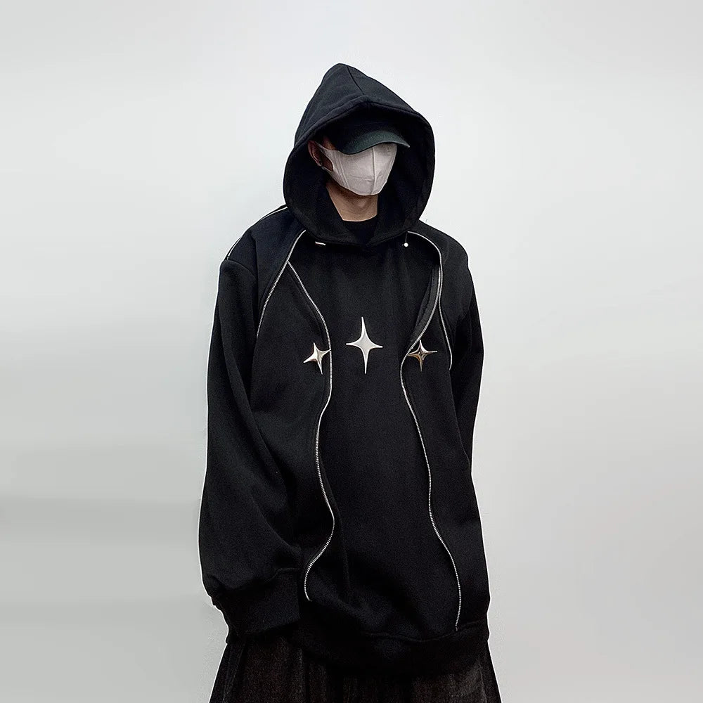 Chrome Star Oversized Hoodie Jacket Black, S - Streetwear Hoodie - Slick Street