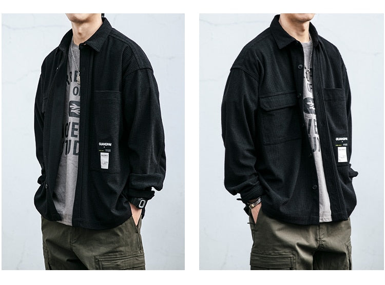 Corduroy Waffle Plaid Semi Collar Overshirt ,  - Streetwear Tops - Slick Street