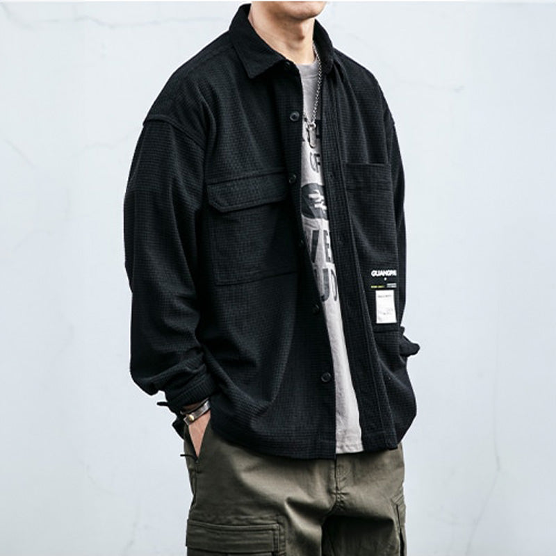 Corduroy Waffle Plaid Semi Collar Overshirt ,  - Streetwear Tops - Slick Street
