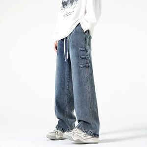 Side Coil Button Design Jeans Blue, XS - Streetwear Jeans - Slick Street