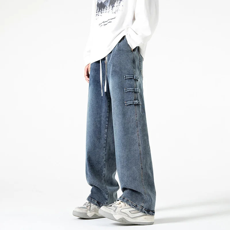 Straight Legs Side Coil Button Pants Blue, XS - Streetwear Jeans - Slick Street