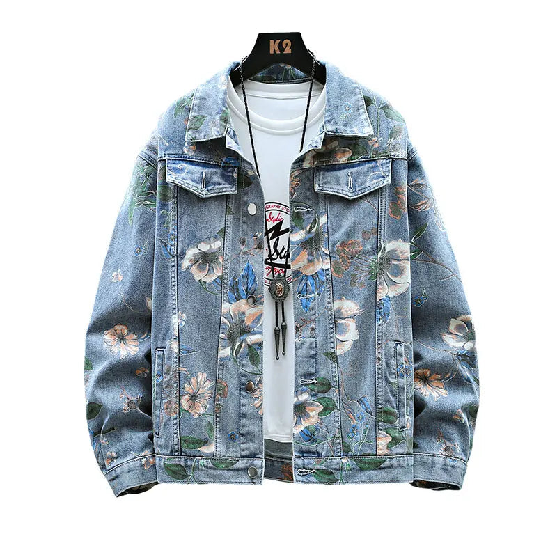 Vintage Floral Abstract Art Denim Jacket Blue, XS - Streetwear Jacket - Slick Street