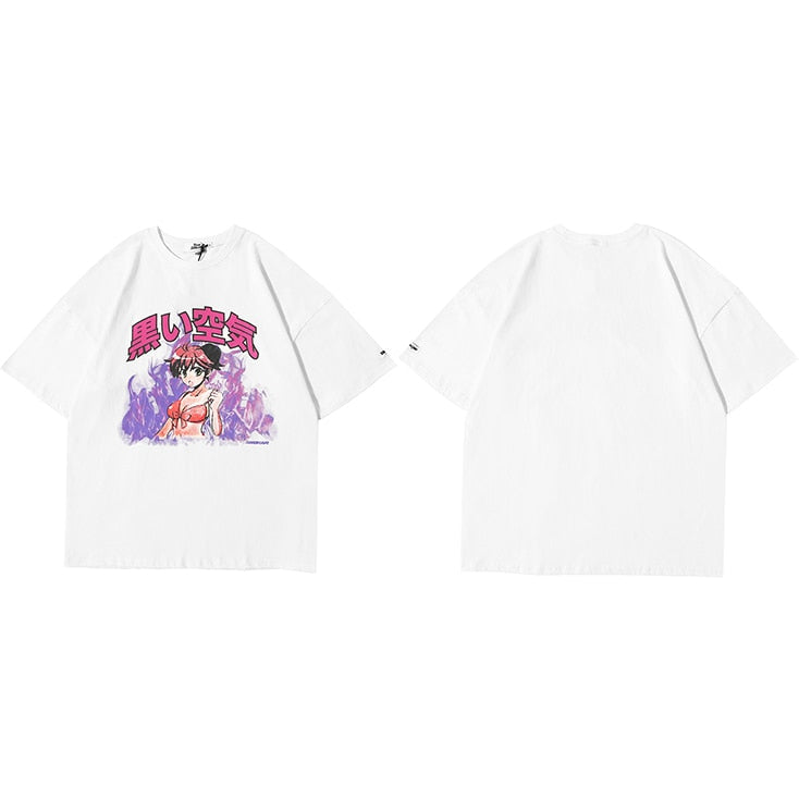 Japanese Anime Fire Girl T-Shirt White, M - Streetwear T-Shirt - Slick Street