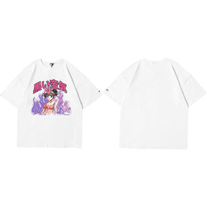 Japanese Anime Fire Girl T-Shirt White, M - Streetwear T-Shirts - Slick Street