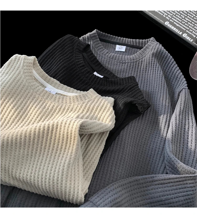 Waffle Knit Long Sleeve Sweater , - Streetwear Sweater - Slick Street