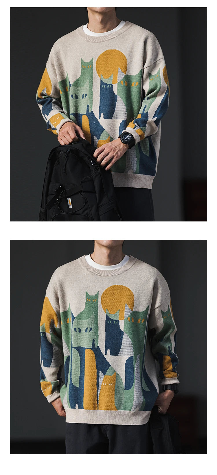 Moonnight Cat Abstract Crew Neck Sweater ,  - Streetwear Sweater - Slick Street