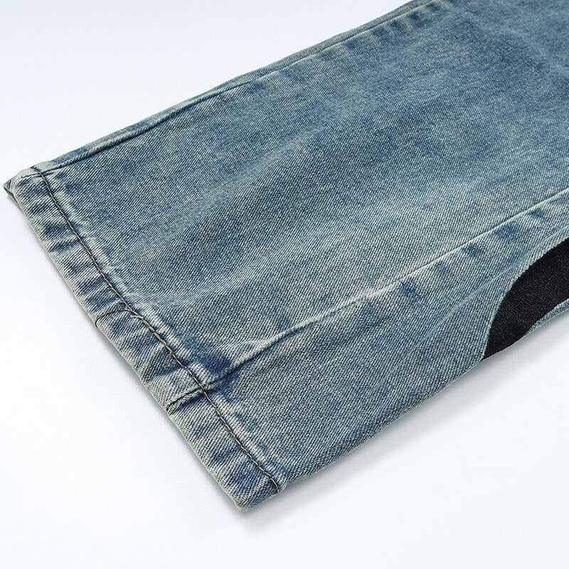 HTH Flame Embroidery Blue Denim Pants ,  - Streetwear Pants - Slick Street