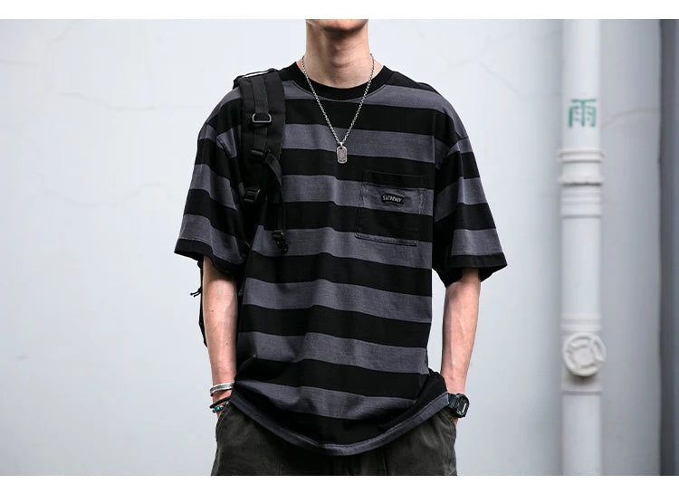 Saturday Striped Cotton T-Shirt , - Streetwear T-Shirts - Slick Street