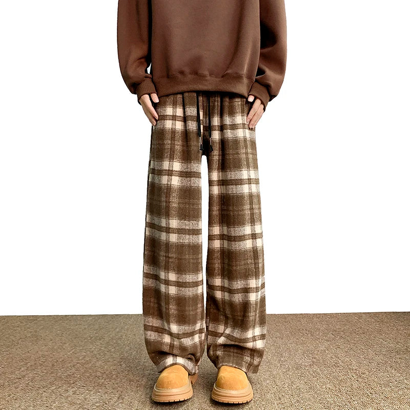 Plaid Baggy Style Elastic Waist Pant XS, Brown - Streetwear Pant - Slick Street