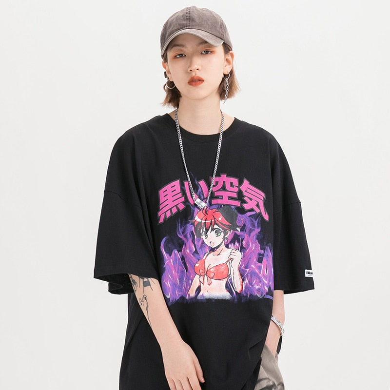 Japanese Anime Fire Girl T-Shirt , - Streetwear T-Shirts - Slick Street