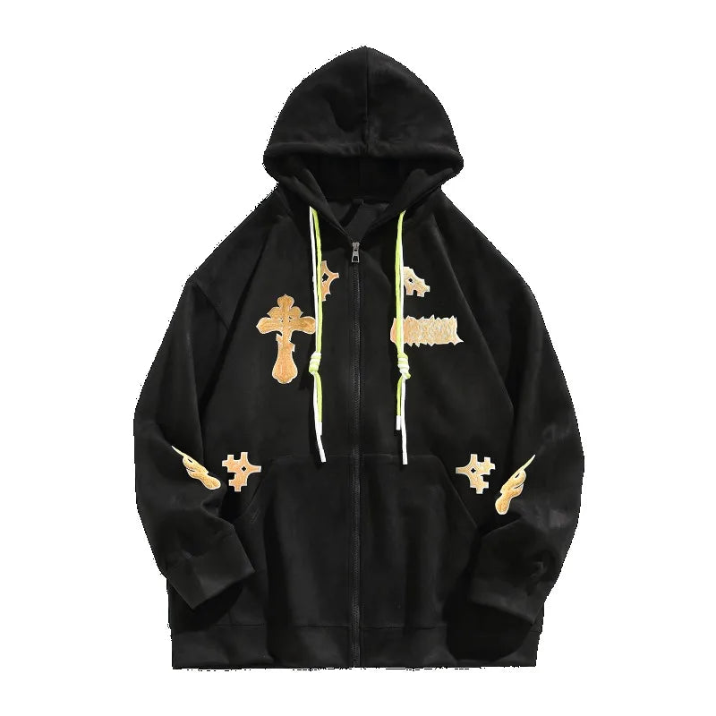 Crucifix Cross Embroidery Zipper Hoodie , - Streetwear Hoodie - Slick Street