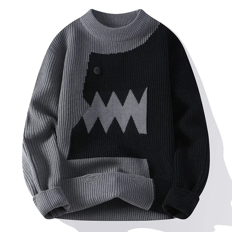 Splicing Half Dinosaur Knitwear Sweater Gray, XS - Streetwear Sweater - Slick Street