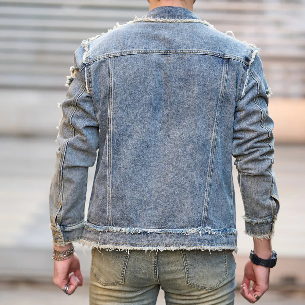 Denim Ripped Button Up Jacket , - Streetwear Jacket - Slick Street