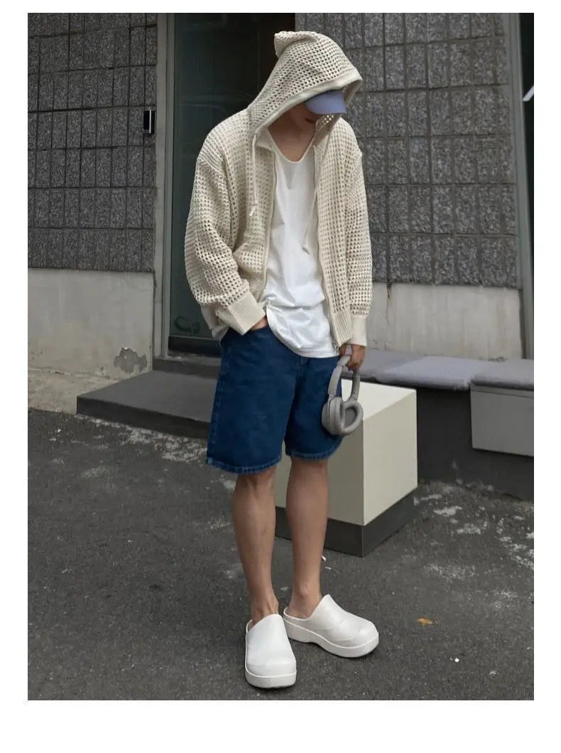 Hollow Knitted Cardigan Long Sleeve Hooded ,  - Streetwear Hoodie - Slick Street