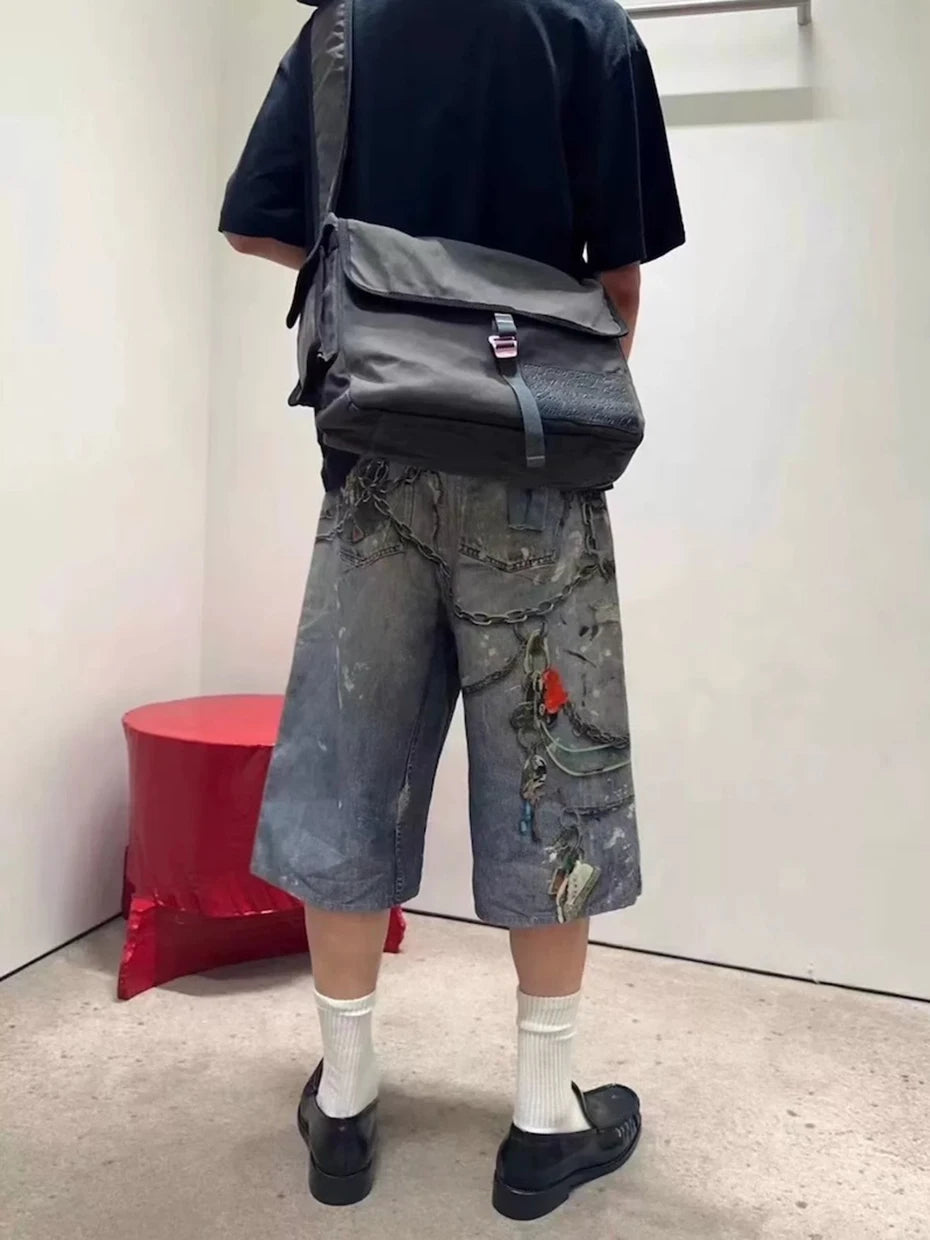 Hanging Keychain Graphic Denim Shorts , - Streetwear Shorts - Slick Street