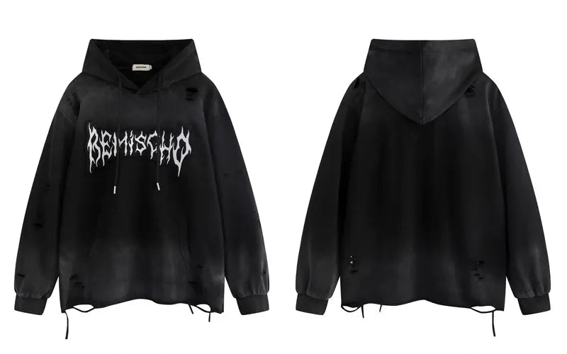 Tie-Die Embroidered Ripped Holes Hoodie Black, M - Streetwear Hoodie - Slick Street