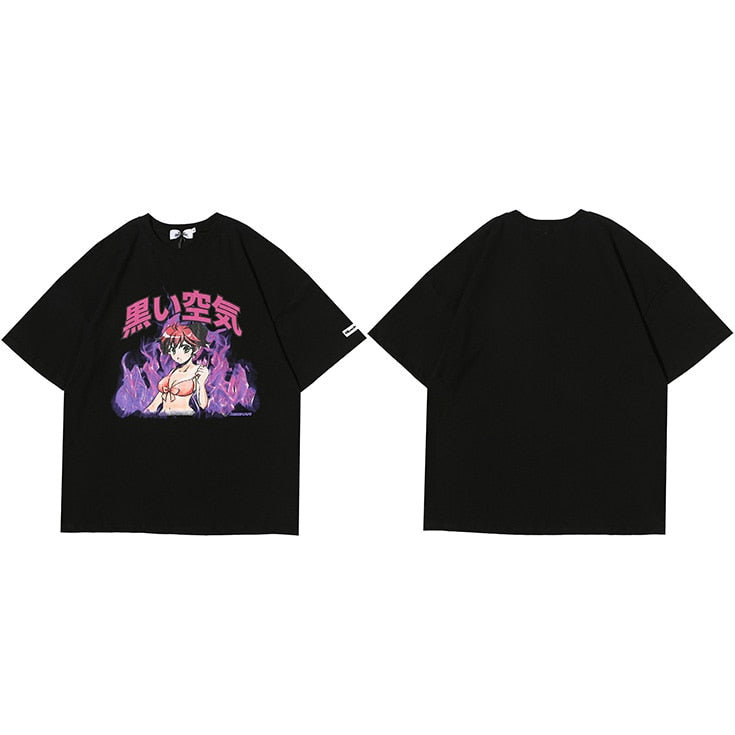 Japanese Anime Fire Girl T-Shirt Black, M - Streetwear T-Shirt - Slick Street