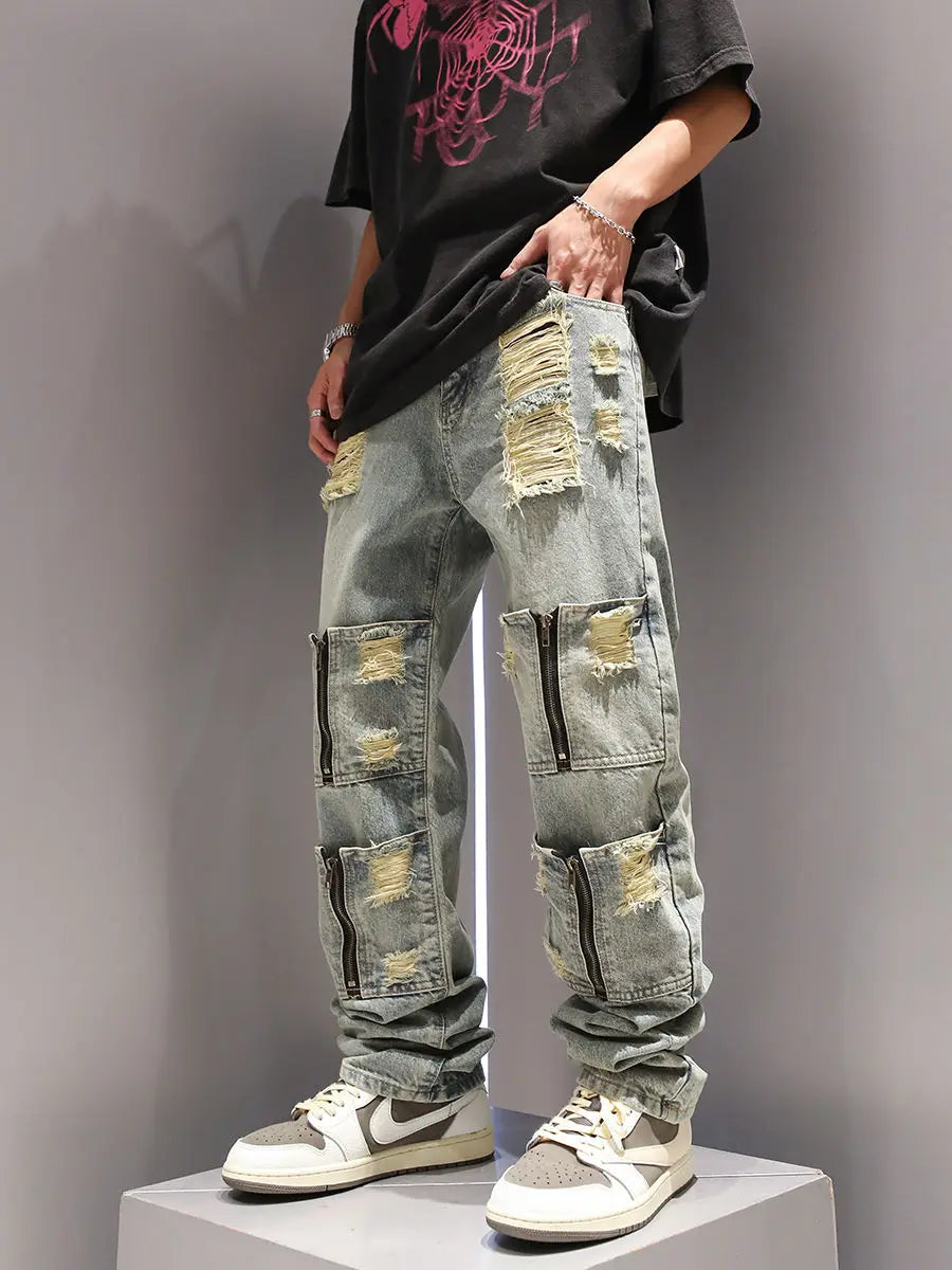 SK5 Multi Zipper Ripped Jeans ,  - Streetwear Pants - Slick Street