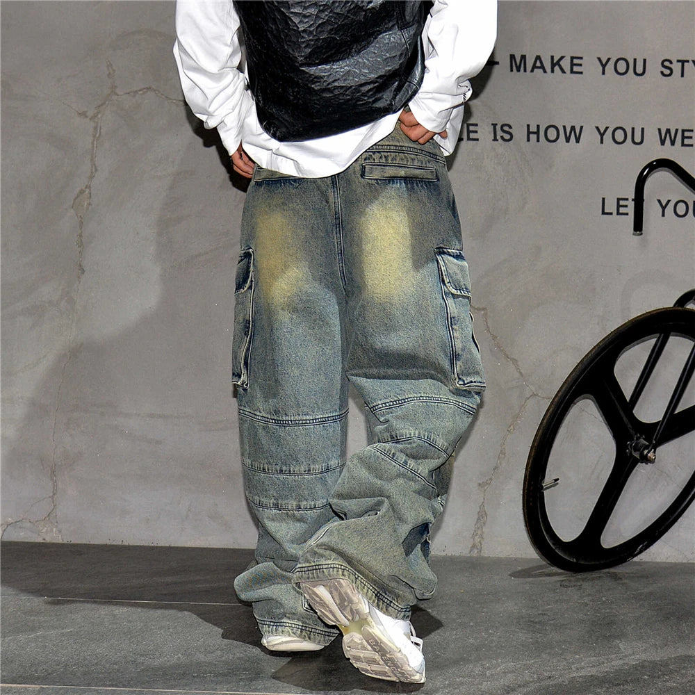 Distressed Denim Cargo Pants , - Streetwear - Slick Street
