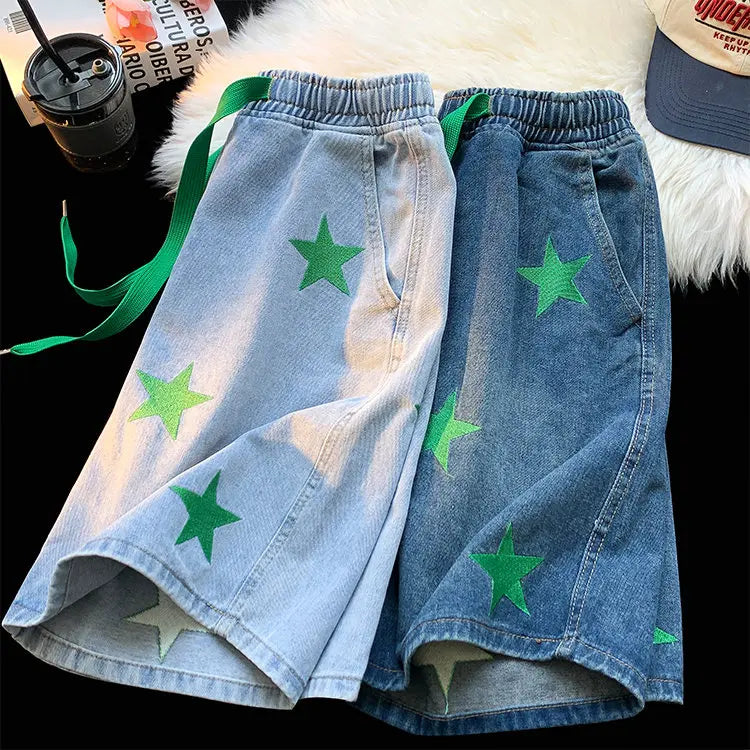 Five-point Star Patchwork Elastic Waist Shorts ,  - Streetwear Shorts - Slick Street