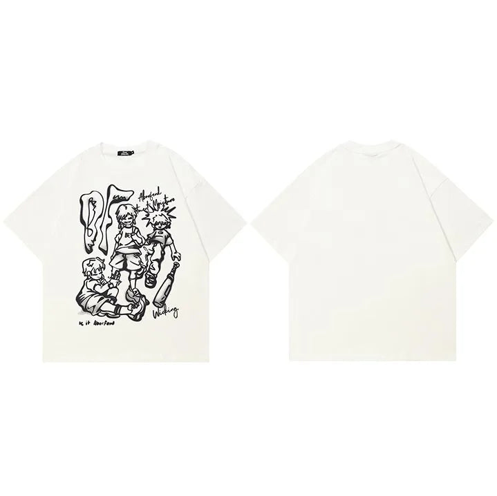 Y2K Anime Aesthetic Cartoon Pullover T-Shirt White, S - Streetwear T-Shirts - Slick Street