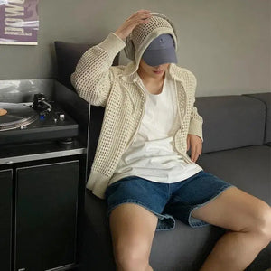 Hollow Knitted Cardigan Long Sleeve Hooded ,  - Streetwear Hoodie - Slick Street