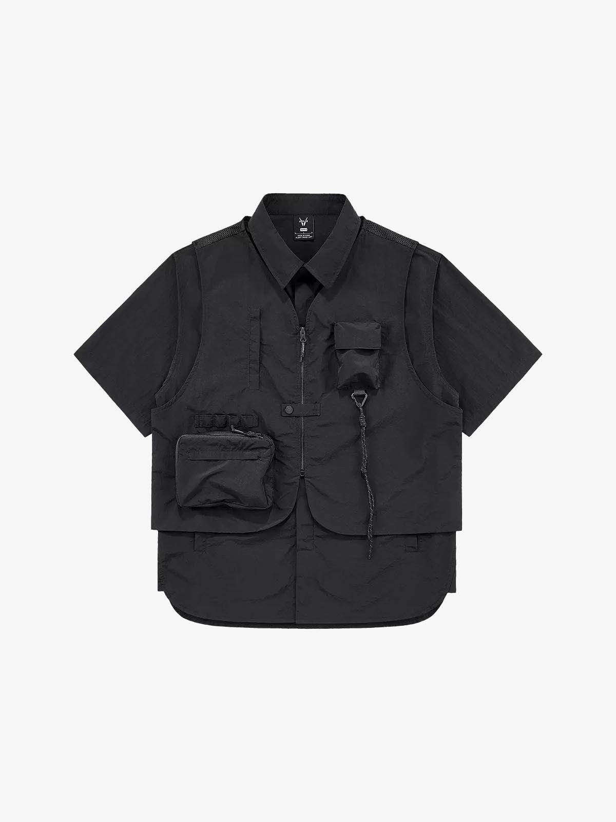 Multi Vest Pockets Two Pieces T-Shirt Black, M - Streetwear T-Shirt - Slick Street