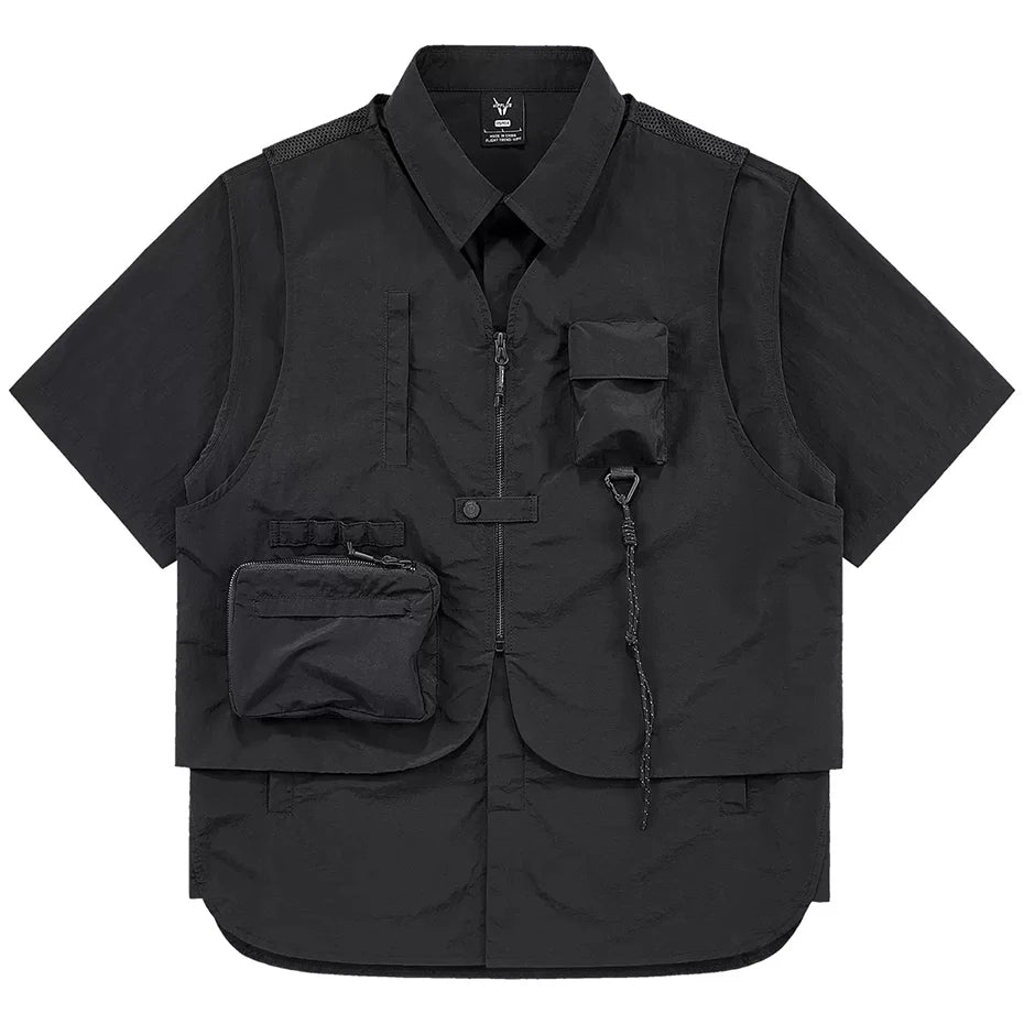 Multi Vest Pockets Two Pieces T-Shirt Black, M - Streetwear T-Shirt - Slick Street