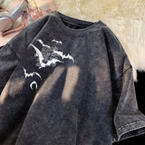 Flying Bat Graphic Gothic Washed Corduroy T-Shirt Black, XS - Streetwear T-Shirt - Slick Street