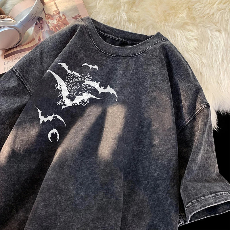 Flying Bat Graphic Gothic Washed Corduroy T-Shirt Black, XS - Streetwear T-Shirt - Slick Street