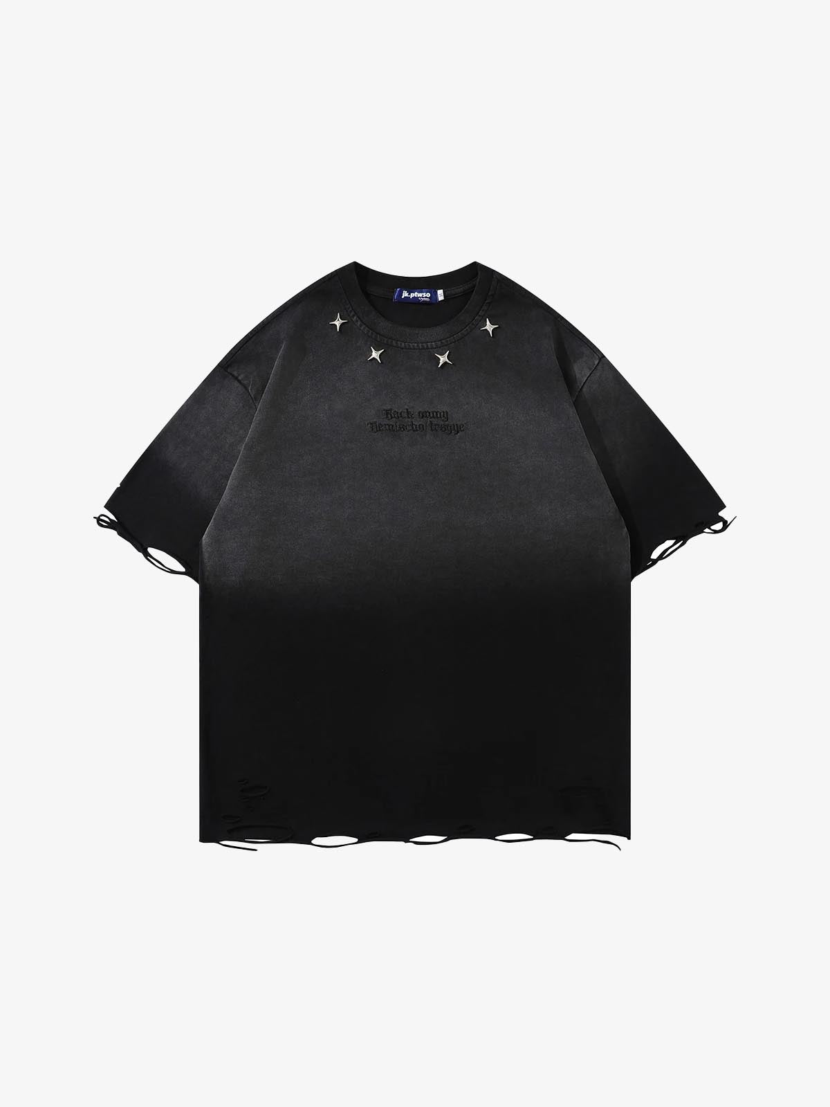 Tie-Die Metal Star Ripped T-Shirt Black, S - Streetwear T-Shirt - Slick Street