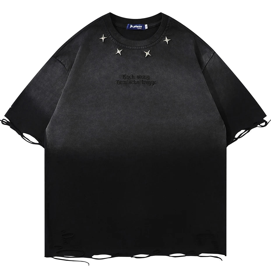 Tie-Die Metal Star Ripped T-Shirt Black, S - Streetwear T-Shirt - Slick Street