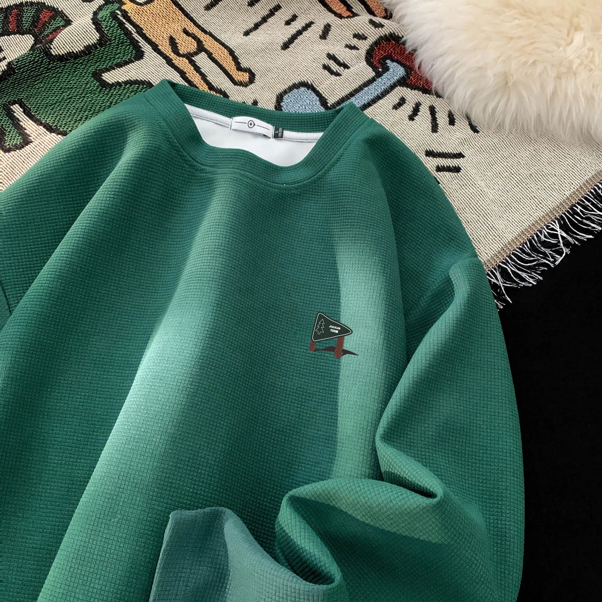 Drawstring Waffle Long Sleeve Pullover Shirt Green, XS - Streetwear Sweatshirts - Slick Street