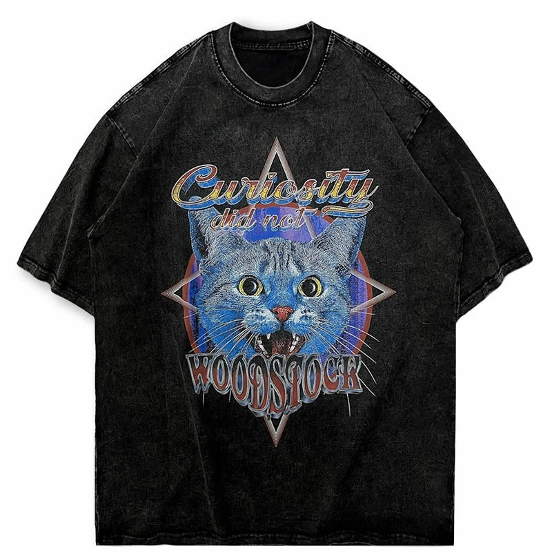 Curiosity Did Not Woodstock Star Cat T-Shirt ,  - Streetwear T-Shirt - Slick Street