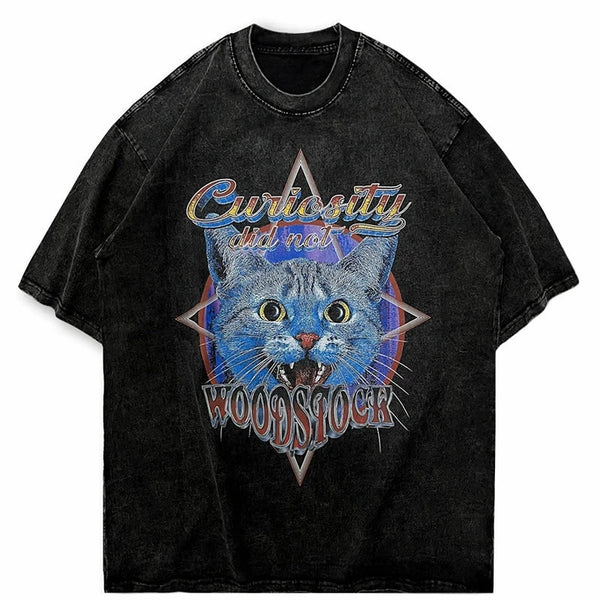 Curiosity Did Not Woodstock Star Cat T-Shirt ,  - Streetwear T-Shirt - Slick Street